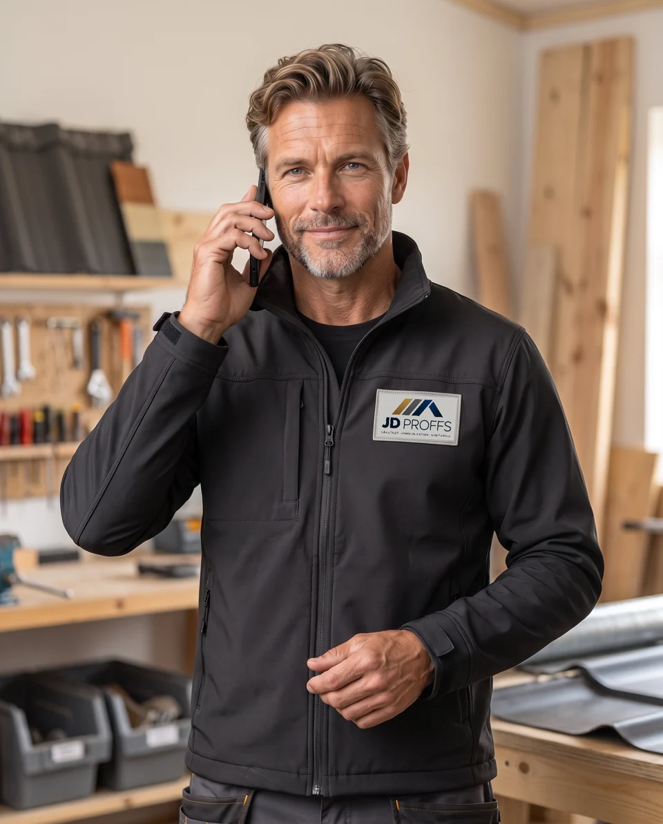 Håkan, the AI-generated JD Proffs character, speaking on a mobile phone in a branded work jacket.